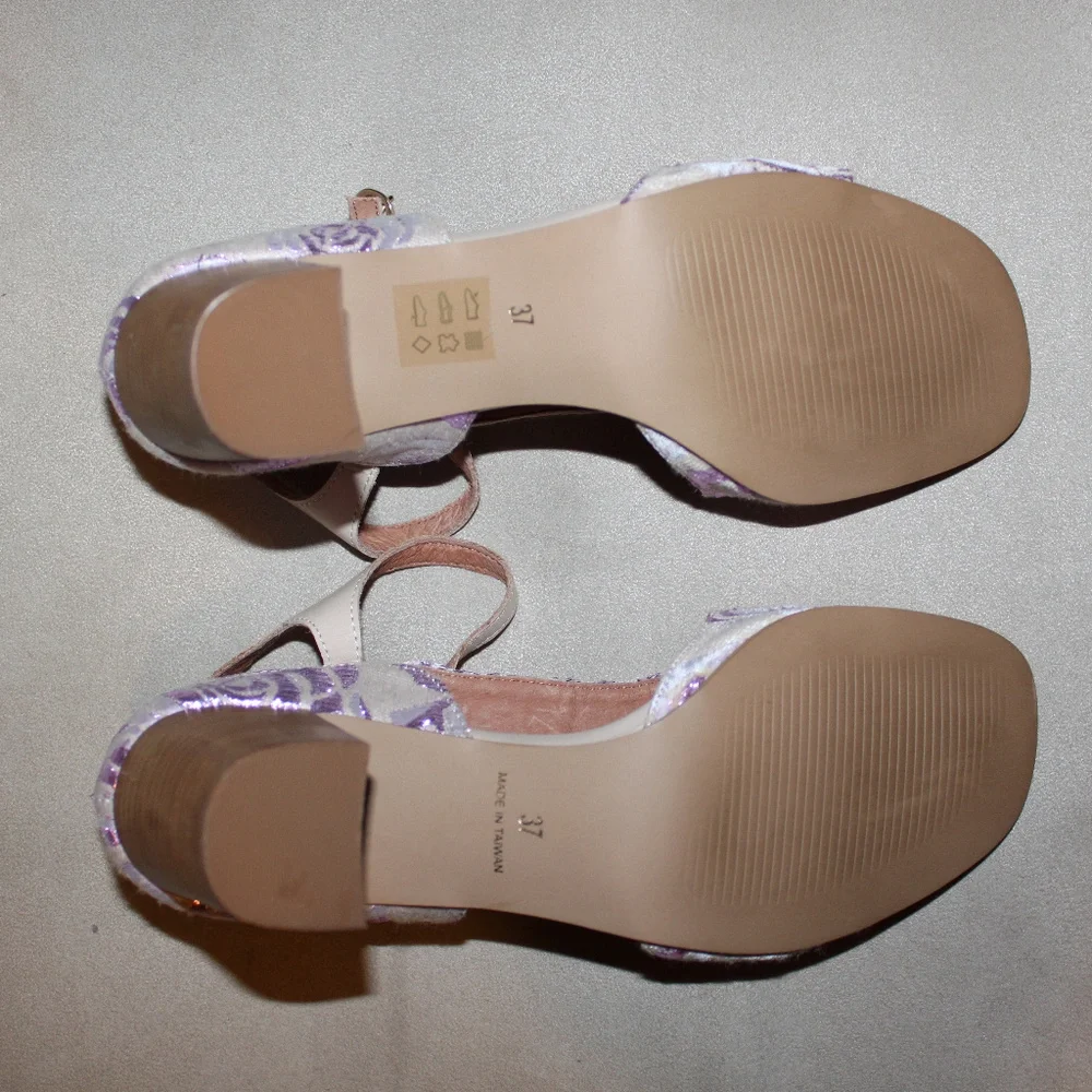 ANTHROPOLOGIE All Black Pink Purple Brocade T-Strap Pumps Block Heels 10 40